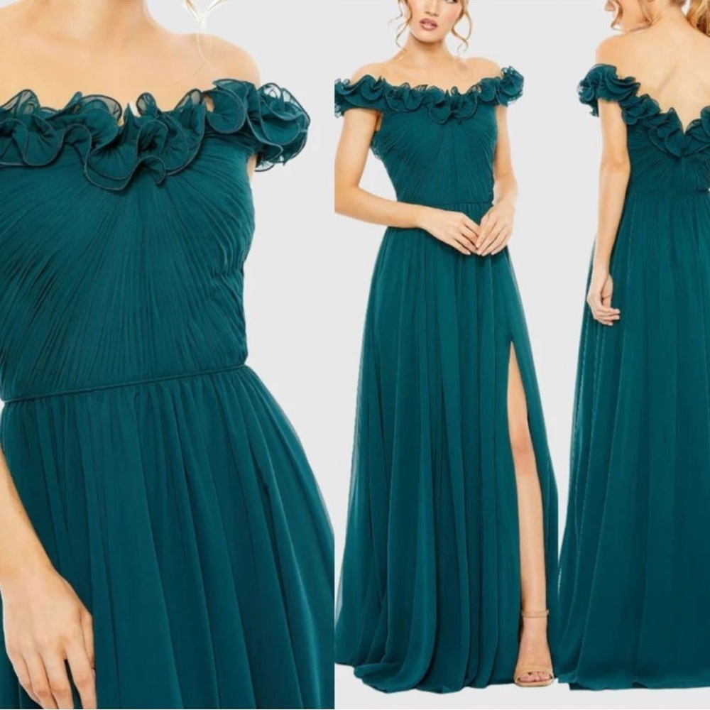 NWT Mac Duggal 11591 Teal Ruched Off The Shoulder A Line Gown Size 10